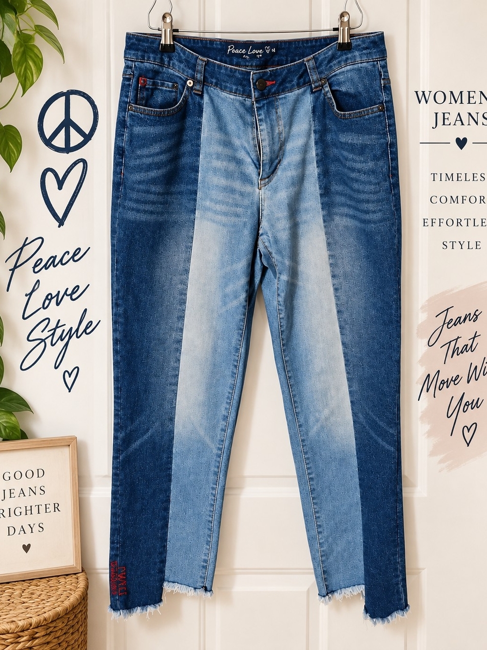 Peace Love World Two-Tone Skinny Jeans - Dark Blue & Light Blue Panels